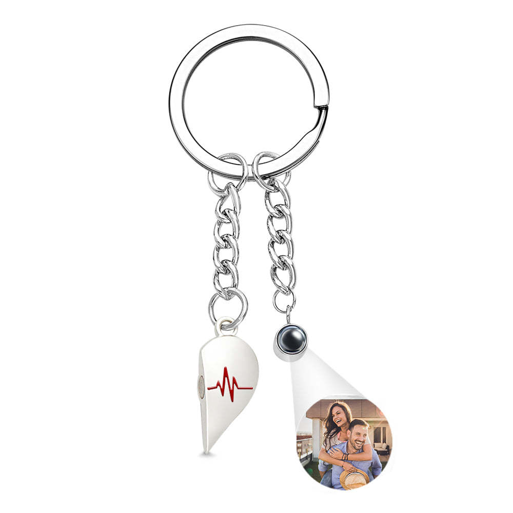 Custom Photo Heart Keychains Couple Projection Photo Magnetic Heartbeat Keyrings - soufeelmy