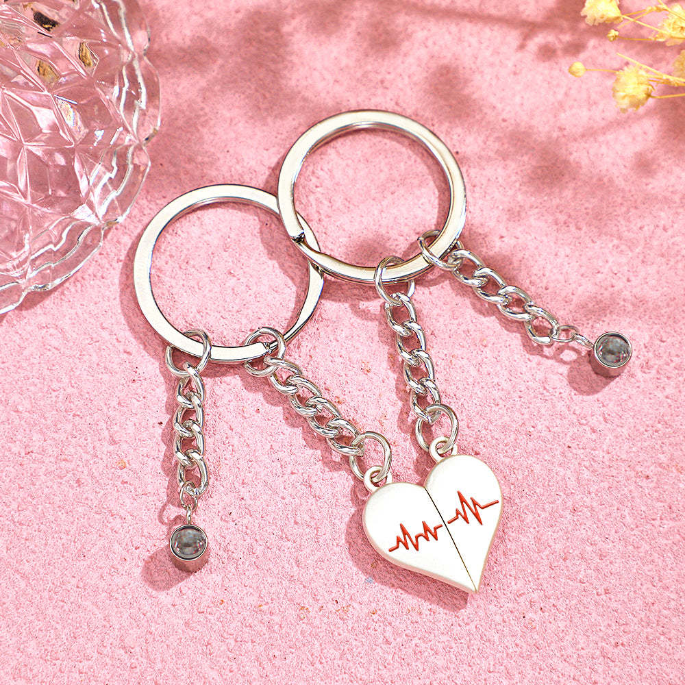 Custom Photo Heart Keychains Couple Projection Photo Magnetic Heartbeat Keyrings - soufeelmy