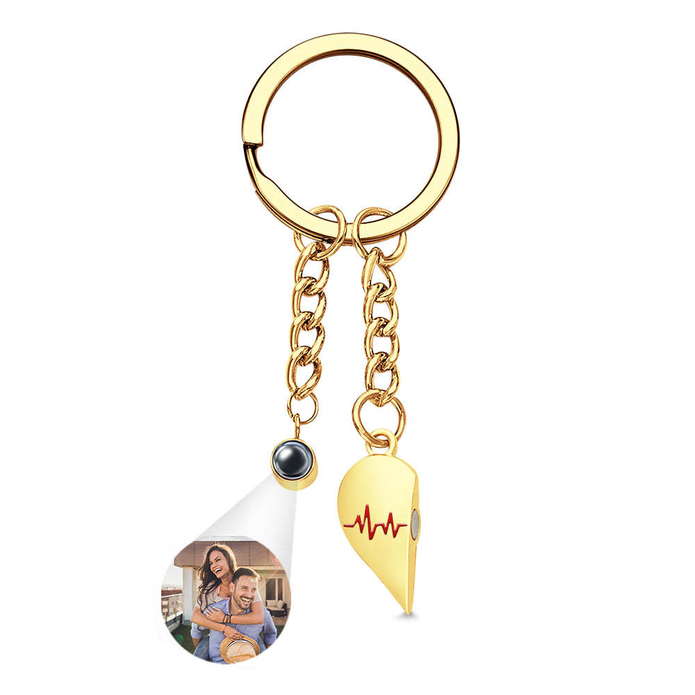 Custom Photo Heart Keychains Couple Projection Photo Magnetic Heartbeat Keyrings - soufeelmy