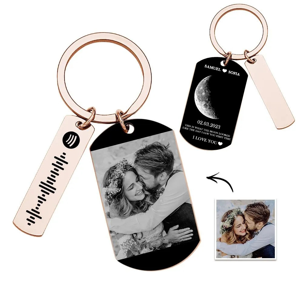 Custom Moon Phase Tag Keychain Personalized Spotify Custom Picture & Music Song Code Couples Photo Keyring Valentine's Day Gift - soufeelmy