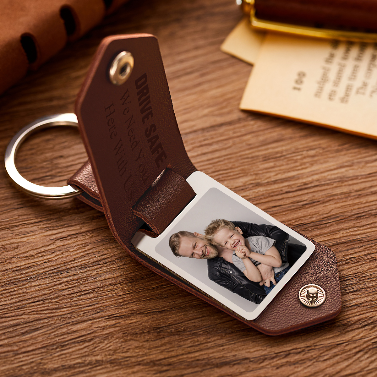 Custom Photo Dad Drive Safe With Kids Names Personalized Leather Photo Keychain Gift for Dad - soufeelmy
