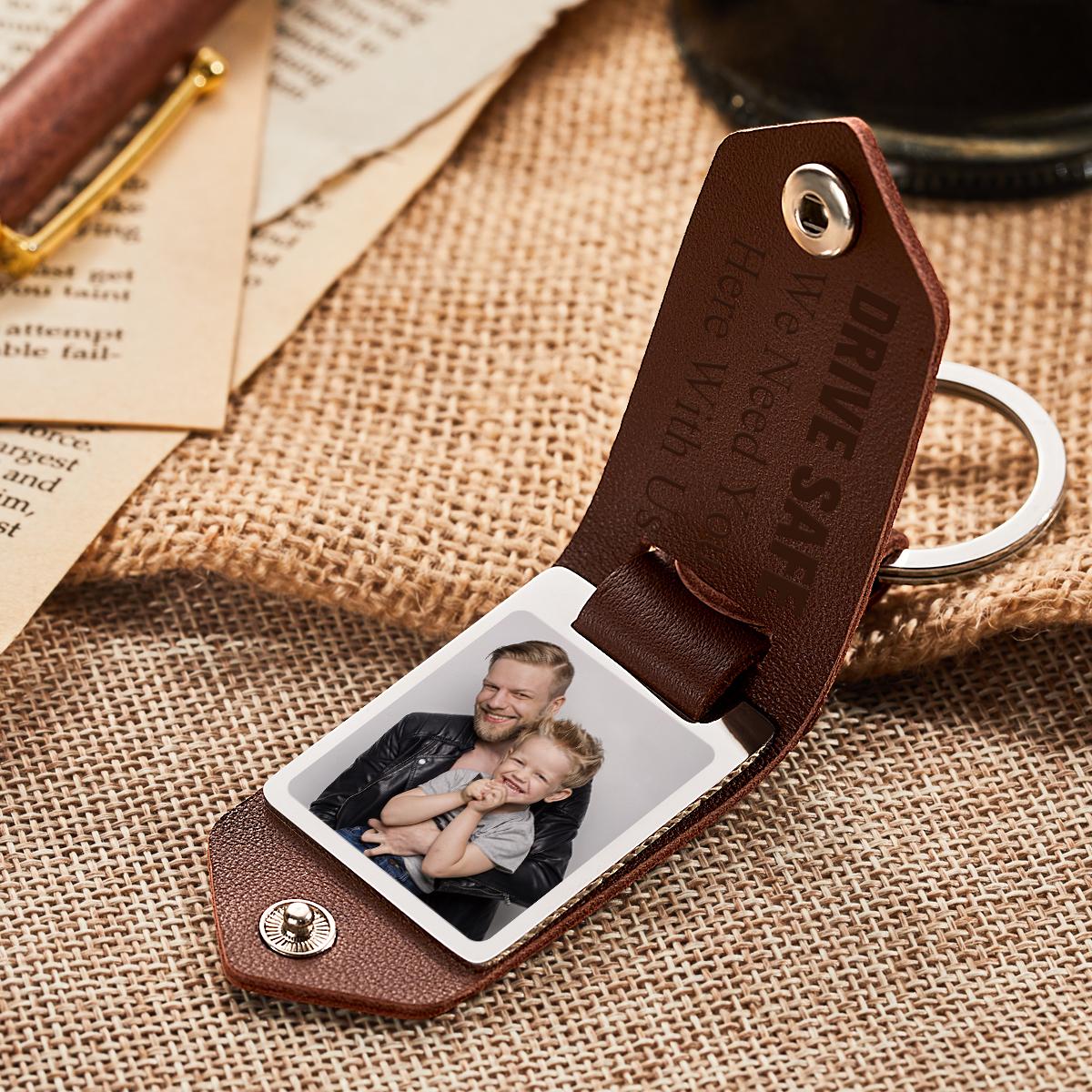 Custom Photo Dad Drive Safe With Kids Names Personalized Leather Photo Keychain Gift for Dad - soufeelmy