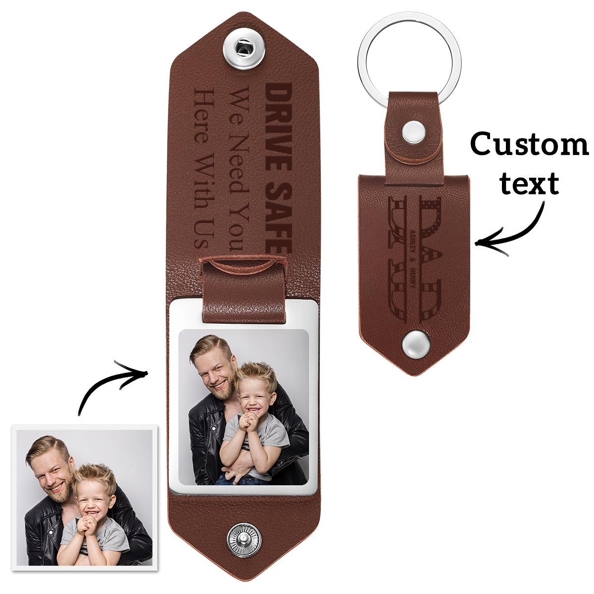 Custom Photo Dad Drive Safe With Kids Names Personalized Leather Photo Keychain Gift for Dad - soufeelmy