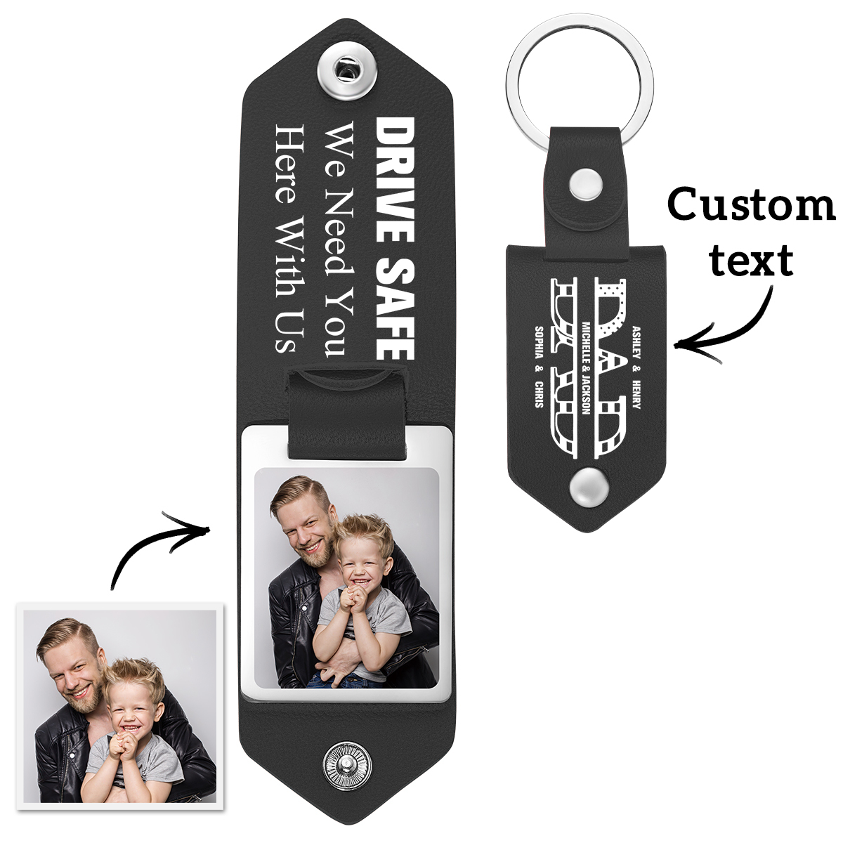 Custom Photo Dad Drive Safe With Kids Names Personalized Leather Photo Keychain Gift for Dad - soufeelmy