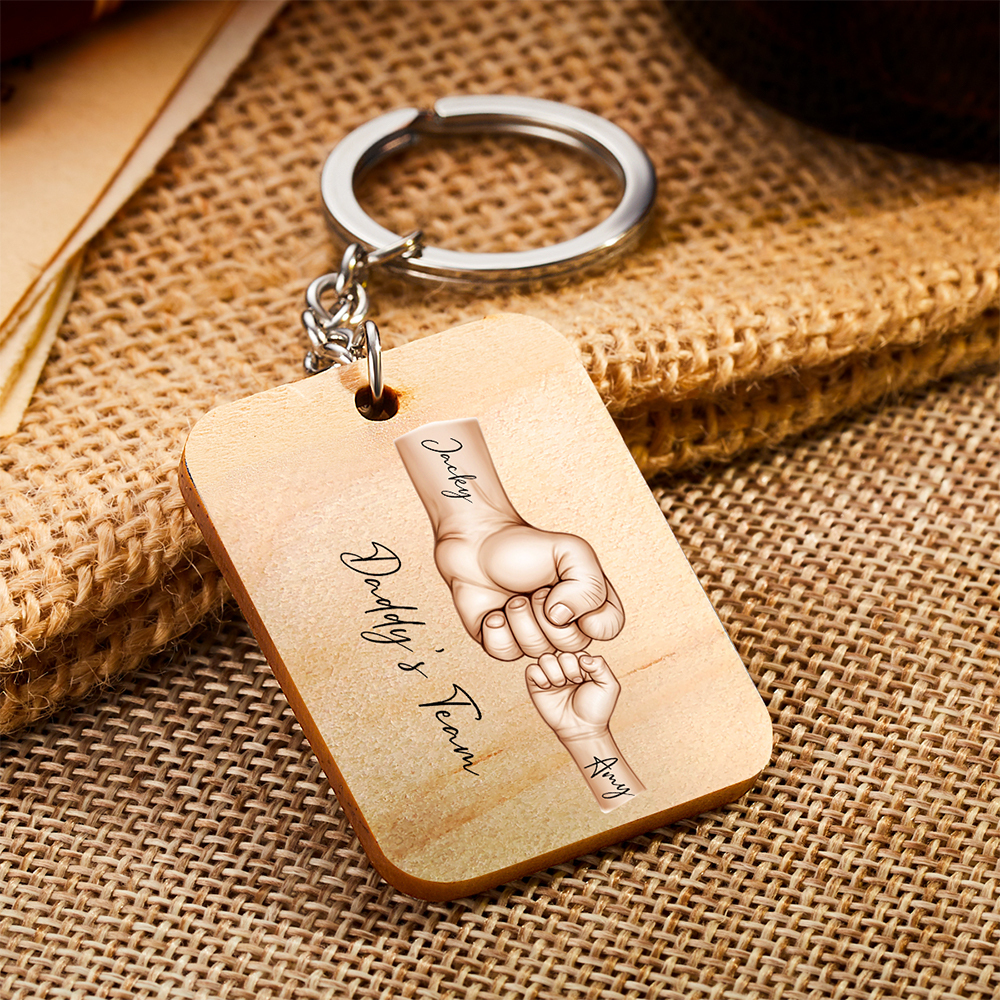 Custom Keychain Daddy's Team Fist Bump Personalized Wooden Keychain Father's Day Gift For Dad, For Grandpa, For Husband - soufeelmy