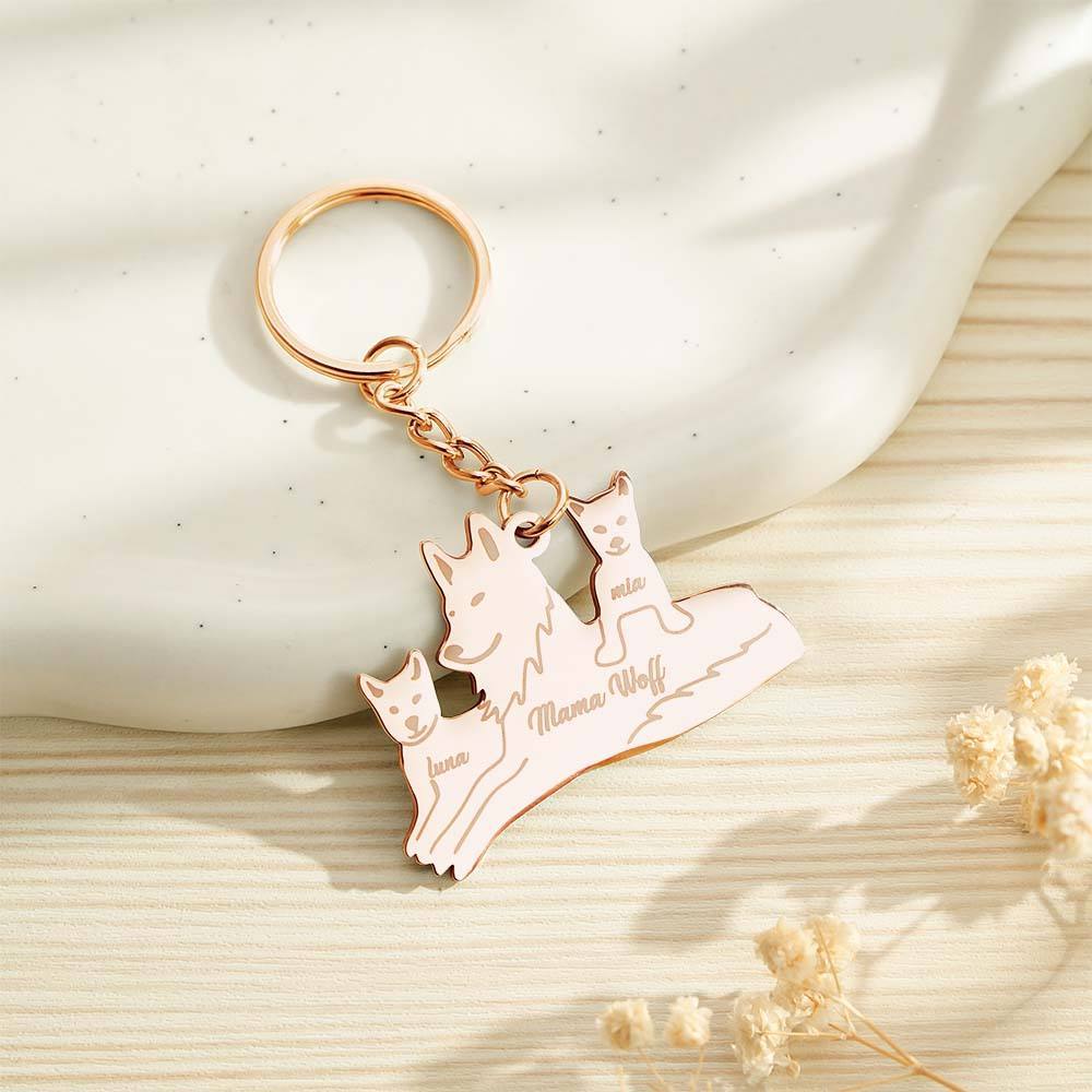 Personalized Wolf Keychain with Engraved Family Names Gift for Family - soufeelmy