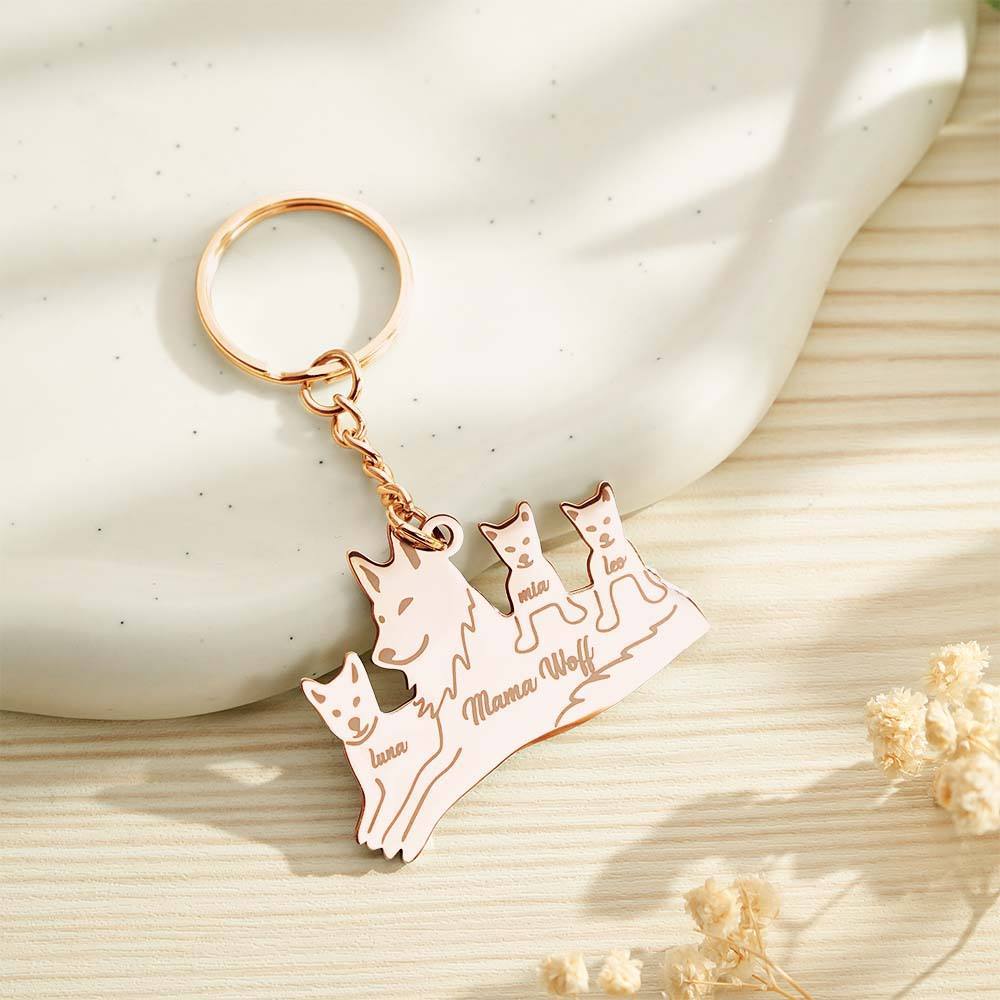 Personalized Wolf Keychain with Engraved Family Names Gift for Family - soufeelmy