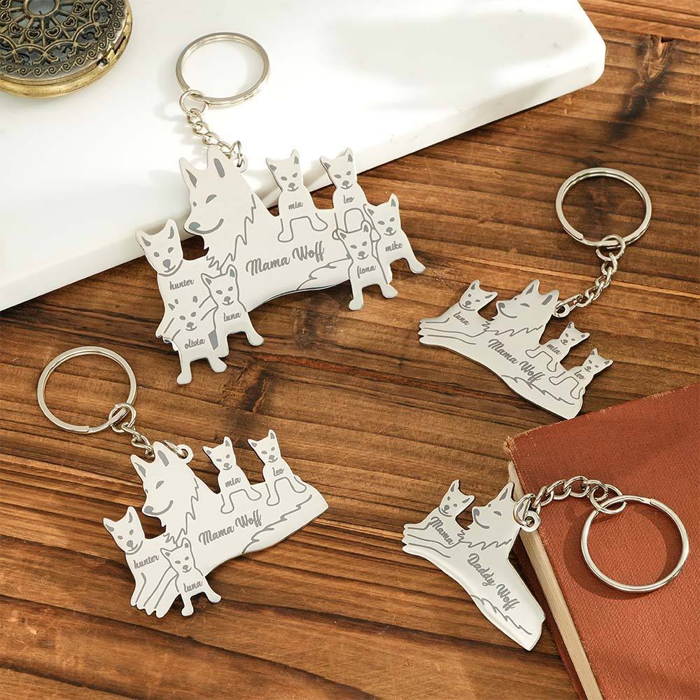 Personalized Wolf Keychain with Engraved Family Names Gift for Family - soufeelmy