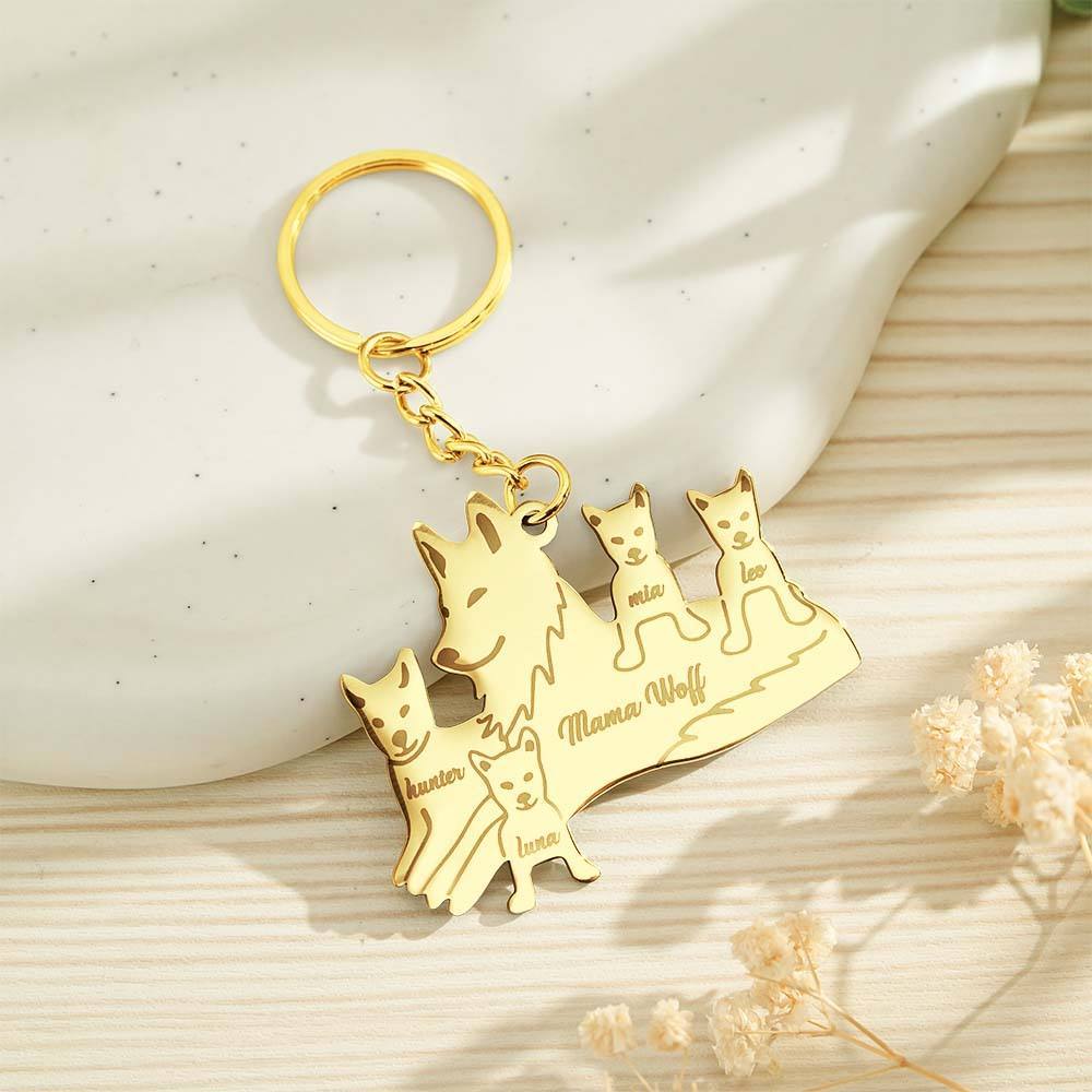 Personalized Wolf Keychain with Engraved Family Names Gift for Family - soufeelmy
