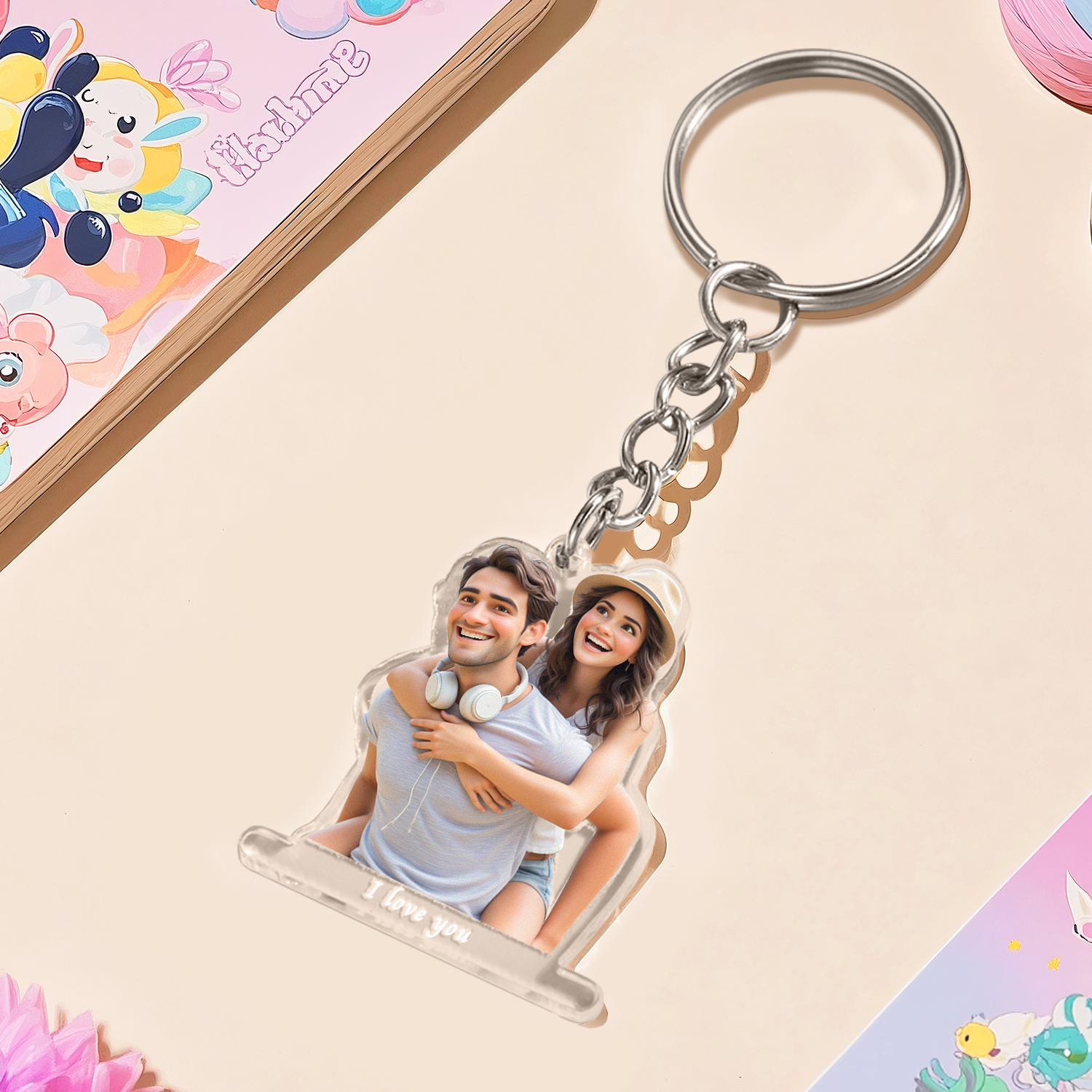 Custom Cartoon Style Photo Acrylic Keychain With Text Unique Gifts For Couples - soufeelmy