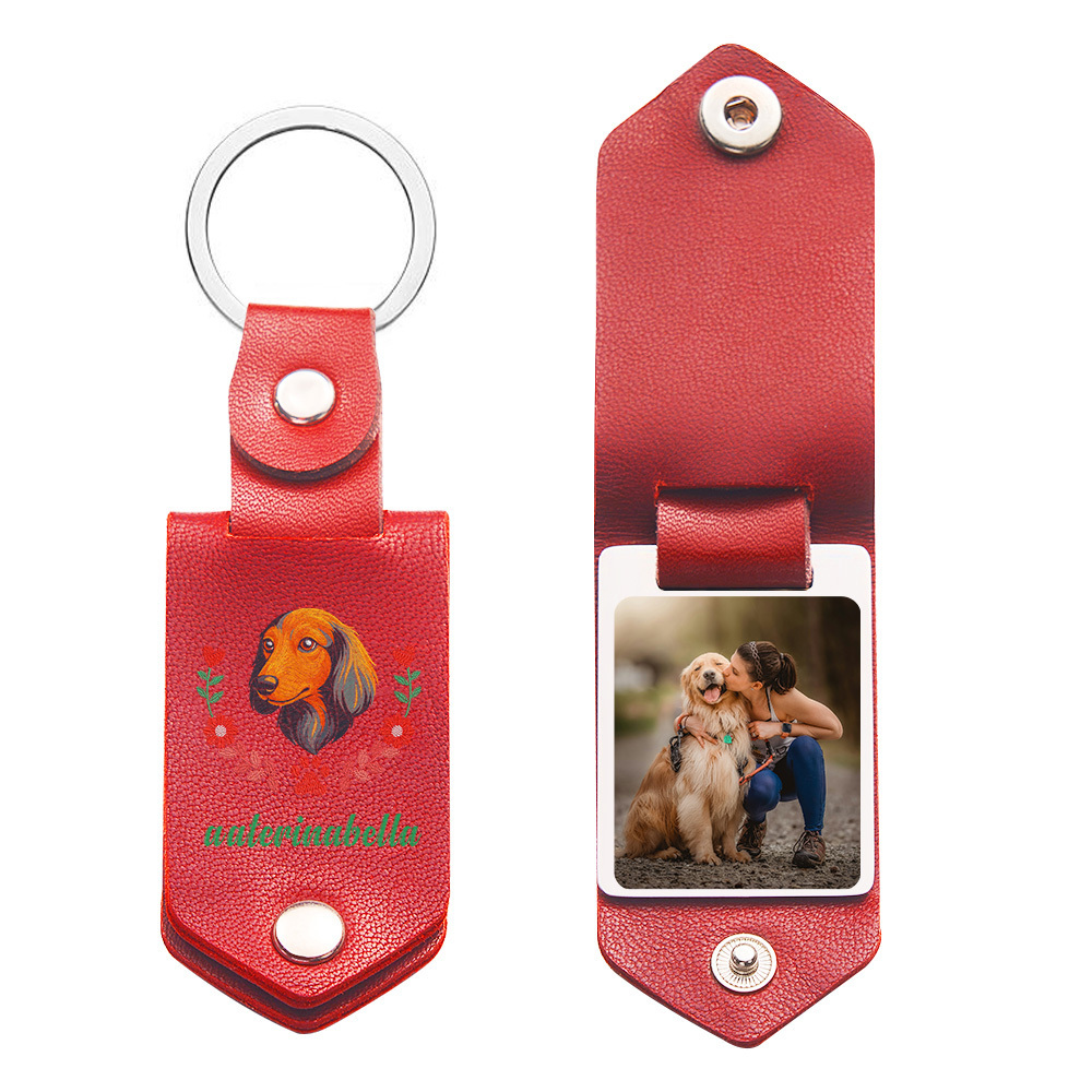 Custom Embroidered Style Pet Avatar Keychain, Personalized Leather Dog Portrait, Pet Memorial Gift