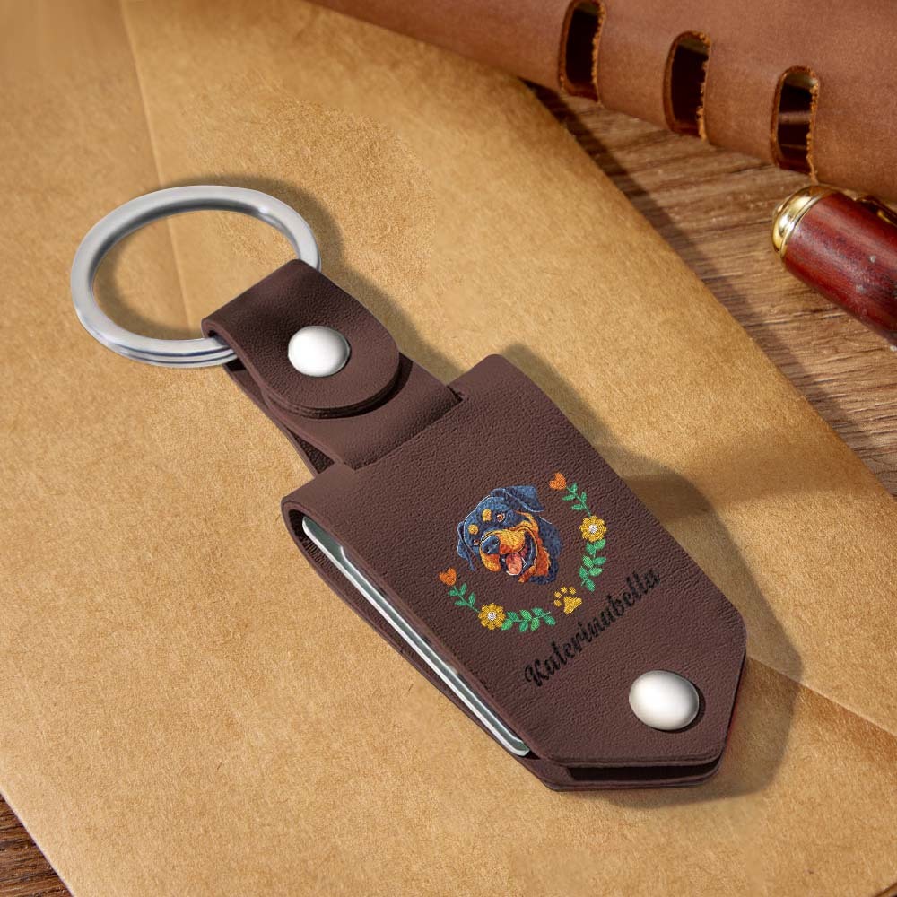 Custom Embroidered Style Pet Avatar Keychain, Personalized Leather Dog Portrait, Pet Memorial Gift - soufeelmy