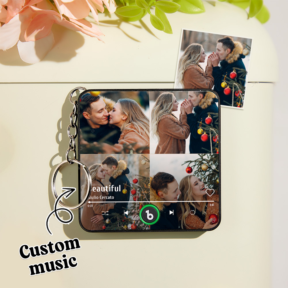 Personalized 4 Photo Music KeyChain Music Box Bag Charm That Plays Music Without Cell Phone Anniversary Gifts - soufeelmy