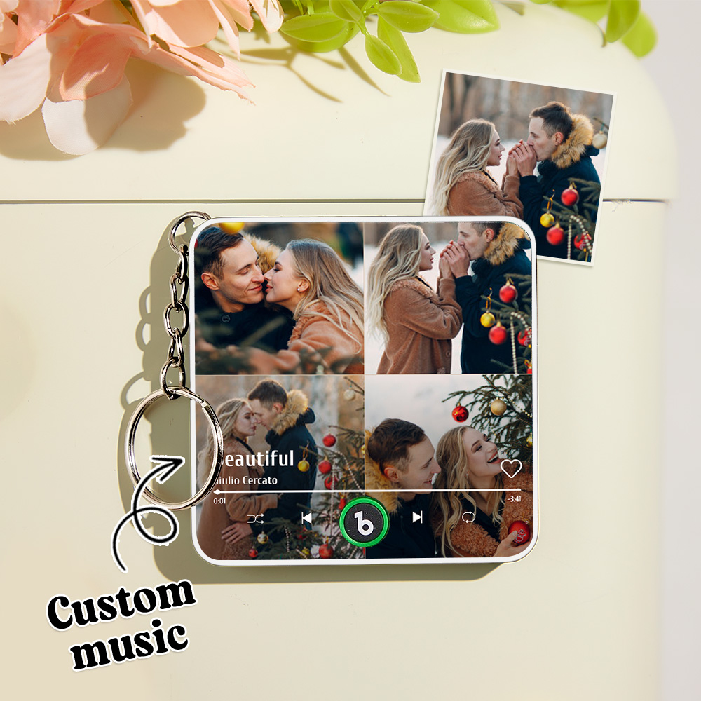 Personalized 4 Photo Music KeyChain Music Box Bag Charm That Plays Music Without Cell Phone Anniversary Gifts - soufeelmy