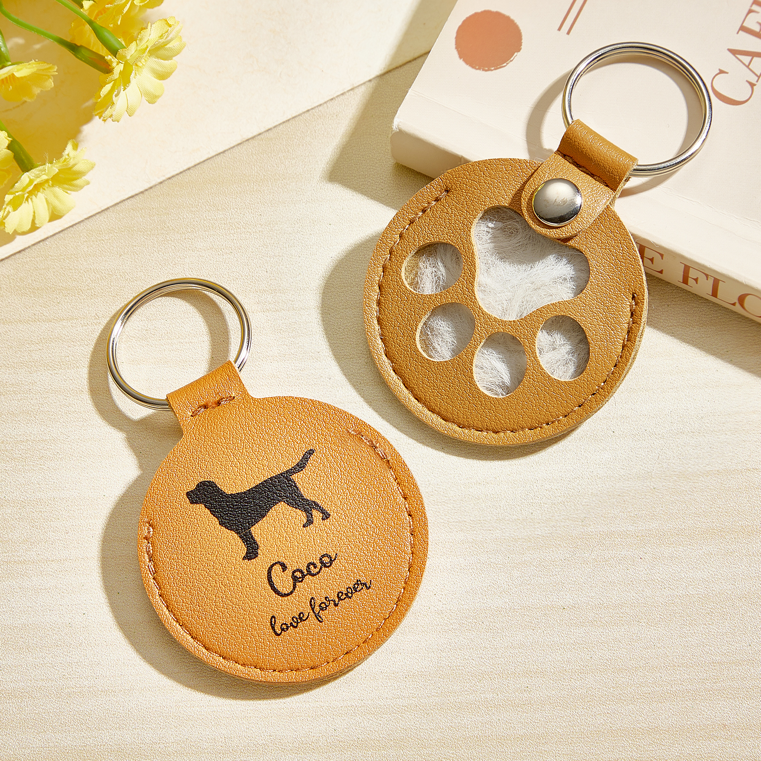 Custom Name Pet Hair Keychain Round Leather Paw Keychain Pet Hair Storage Bag Pet Commemorative Pendant Gifts for Pet Lovers - soufeelmy