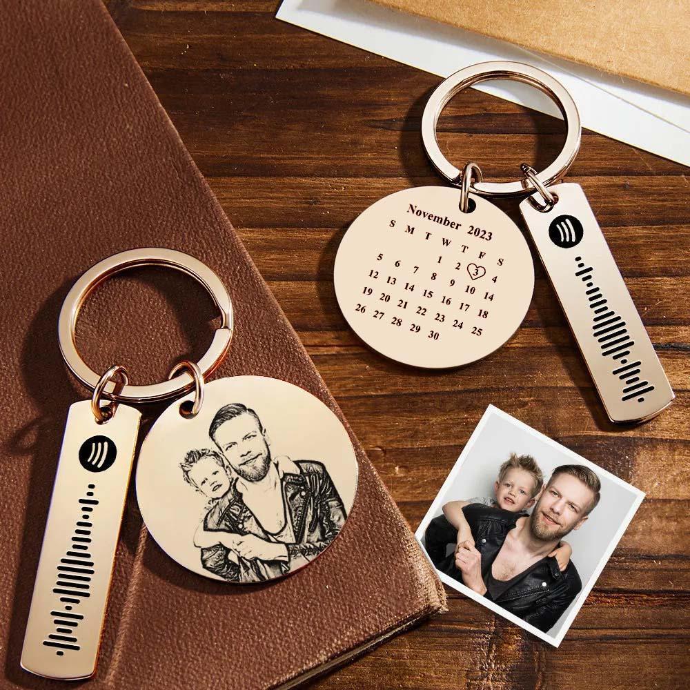Custom Photo Calendar Spotify Keychain Personalized Stainless Steel Keychain Father's Day Gift