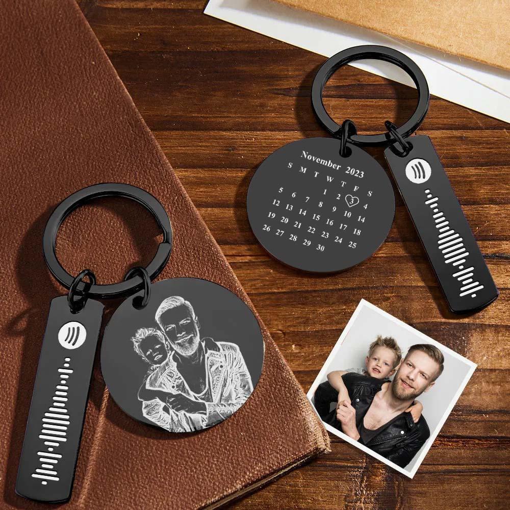 Custom Photo Calendar Spotify Keychain Personalized Stainless Steel Keychain Father's Day Gift