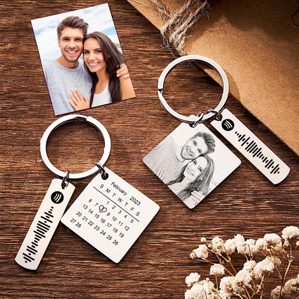 Personalized Calendar Keychain Special Day Significant Photo Heart Square Circle Shape Music Code Metal Keychain Anniversary Gift - soufeelmy