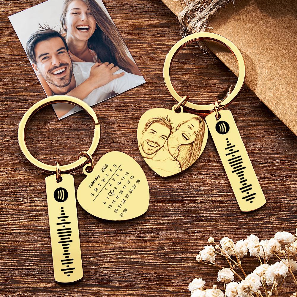 Personalized Calendar Keychain Special Day Significant Photo Heart Square Shape Music Code Metal Keychain Anniversary Gift - soufeelmy