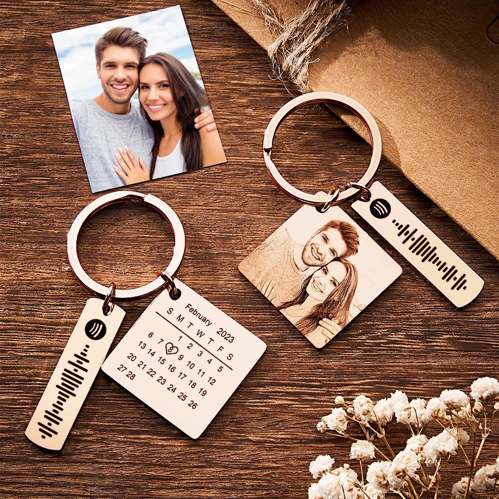 Personalized Calendar Keychain Special Day Significant Photo Heart Square Shape Music Code Metal Keychain Anniversary Gift - soufeelmy