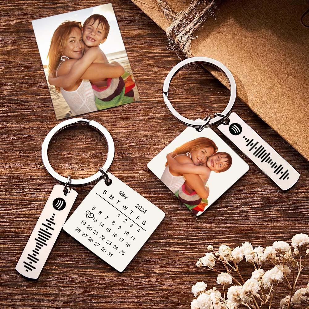 Personalized Calendar Keychain Special Day Significant Photo Heart Square Shape Music Code Metal Keychain Gift for Mother - soufeelmy