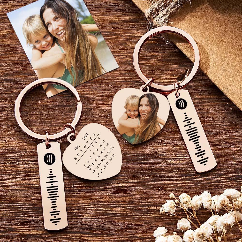 Personalized Calendar Keychain Special Day Significant Photo Heart Square Shape Music Code Metal Keychain Gift for Mother - soufeelmy