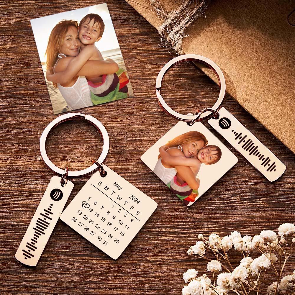 Personalized Calendar Keychain Special Day Significant Photo Heart Square Shape Music Code Metal Keychain Gift for Mother - soufeelmy