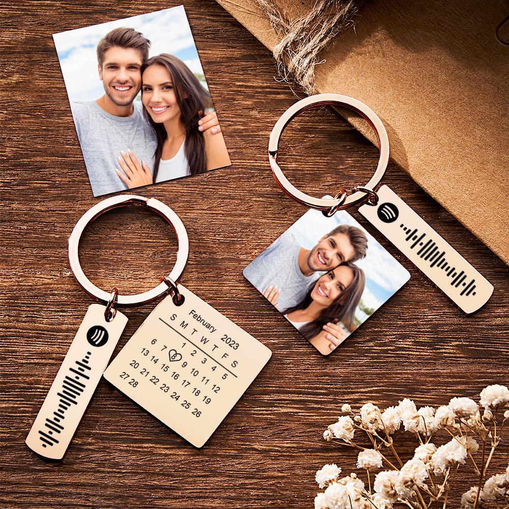 Personalized Calendar Keychain Special Day Significant Photo Heart Square Circle Shape Music Code Metal Keychain Anniversary Gift - soufeelmy