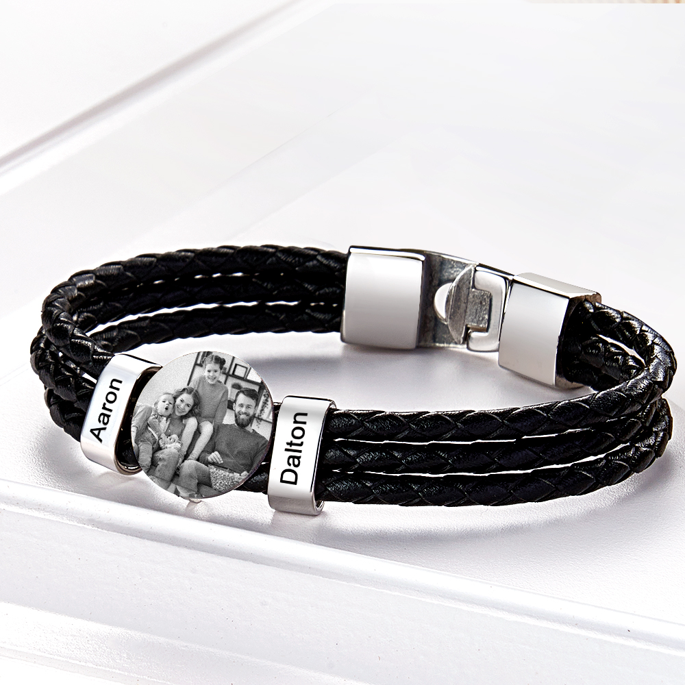 Mens Leather Photo Bracelet with 2 Names Custom Family Name Photo Gifts for Dad Fathers Day Gifts - soufeelmy