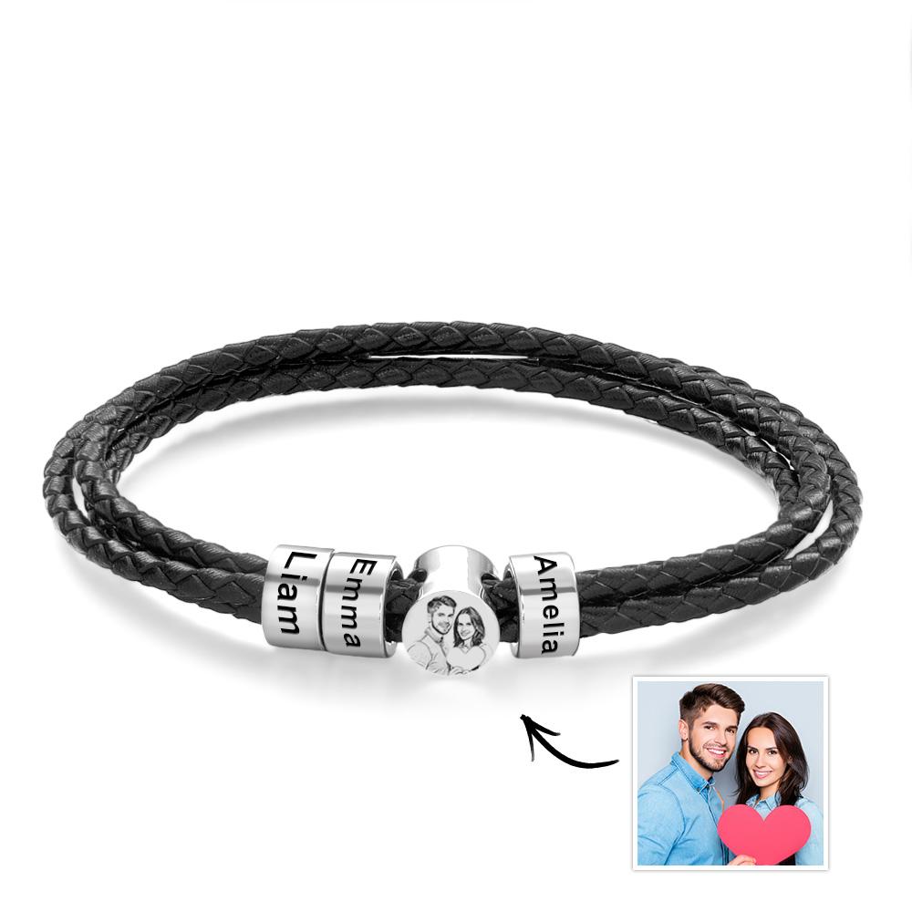 Personalised Leather Bracelet for Men Custom Engraved 2-6 Names Beaded Mens Bracelets for Father - soufeelmy