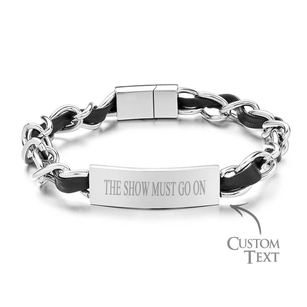 Silver Chain and Leather ID Plate Bracelet Customized Text Stainless Steel Chain Gift for Dad - soufeelmy