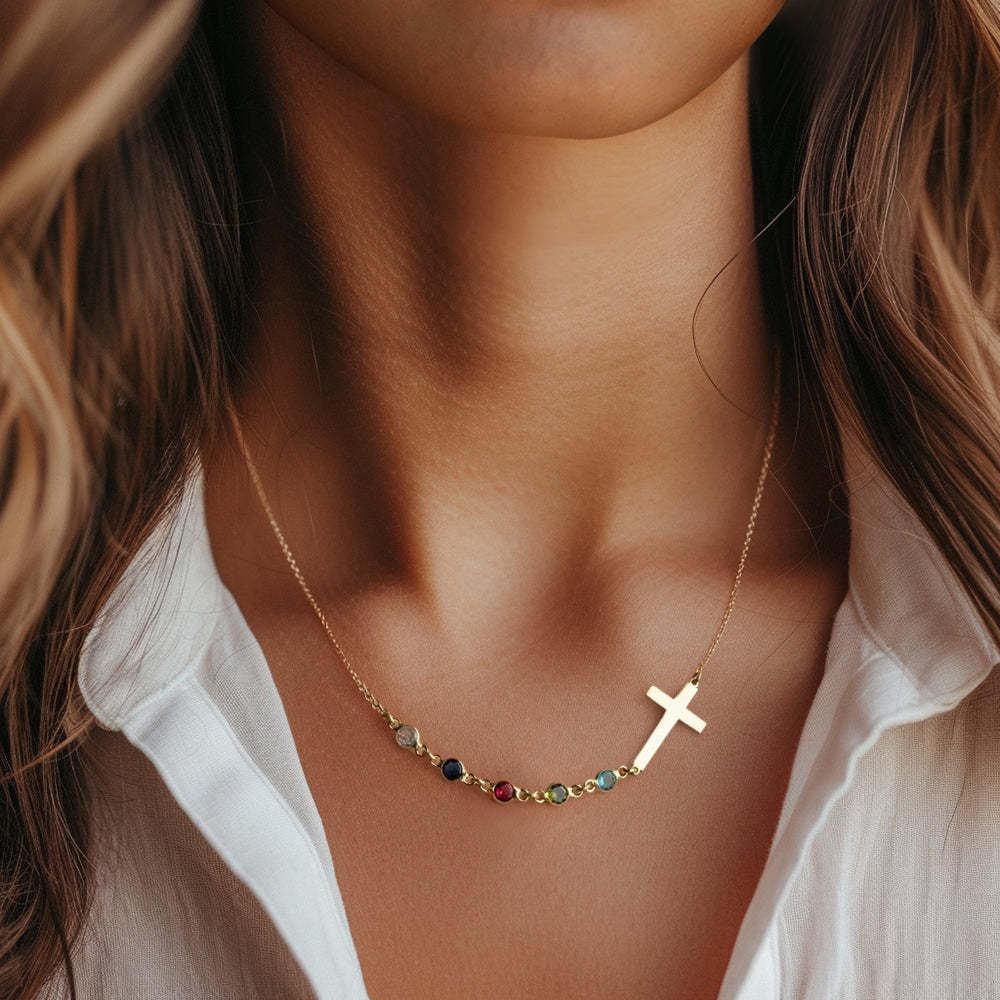 Personalized Birthstone Silver Cross Necklace Cross Family Birthstone Necklace - soufeelmy