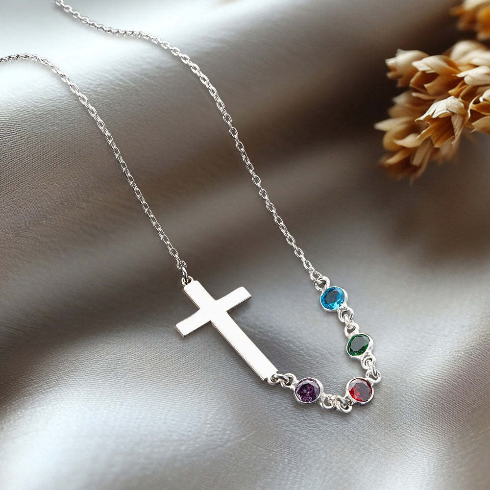 Personalized Birthstone Silver Cross Necklace Cross Family Birthstone Necklace - soufeelmy