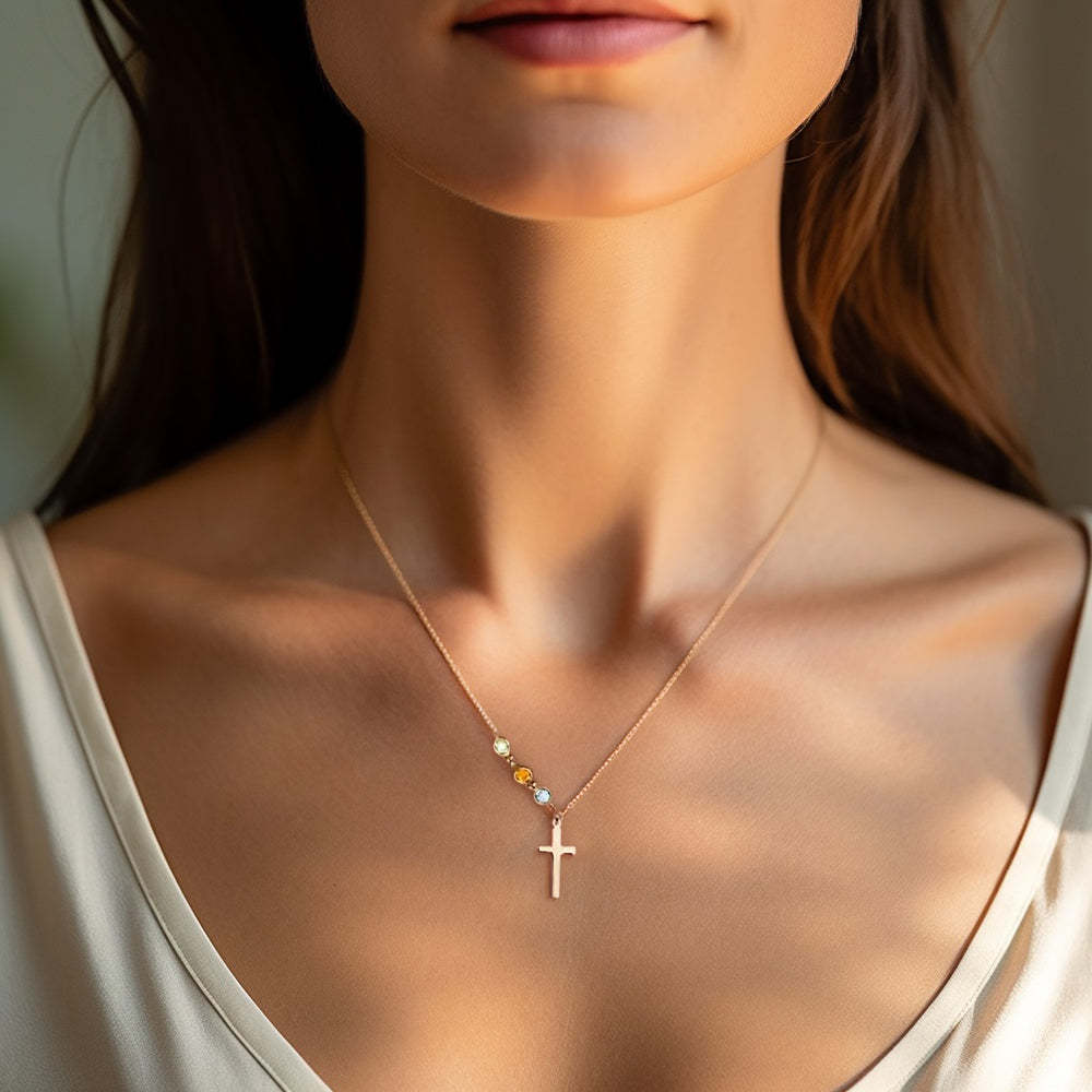 Personalized Cross with Tiny birthstone necklace - Family tree necklace - soufeelmy