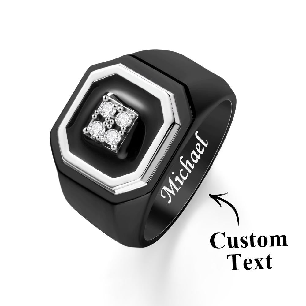 Engraved Ice Ring Black Decor Bright Stone Jeweley Ring For Men - soufeelmy