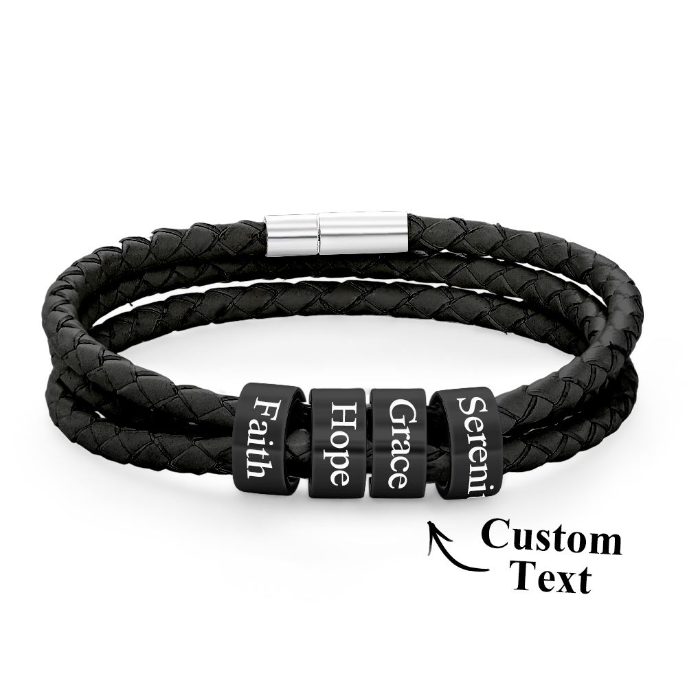 Men Braided Leather Bracelet with Small Custom Beads