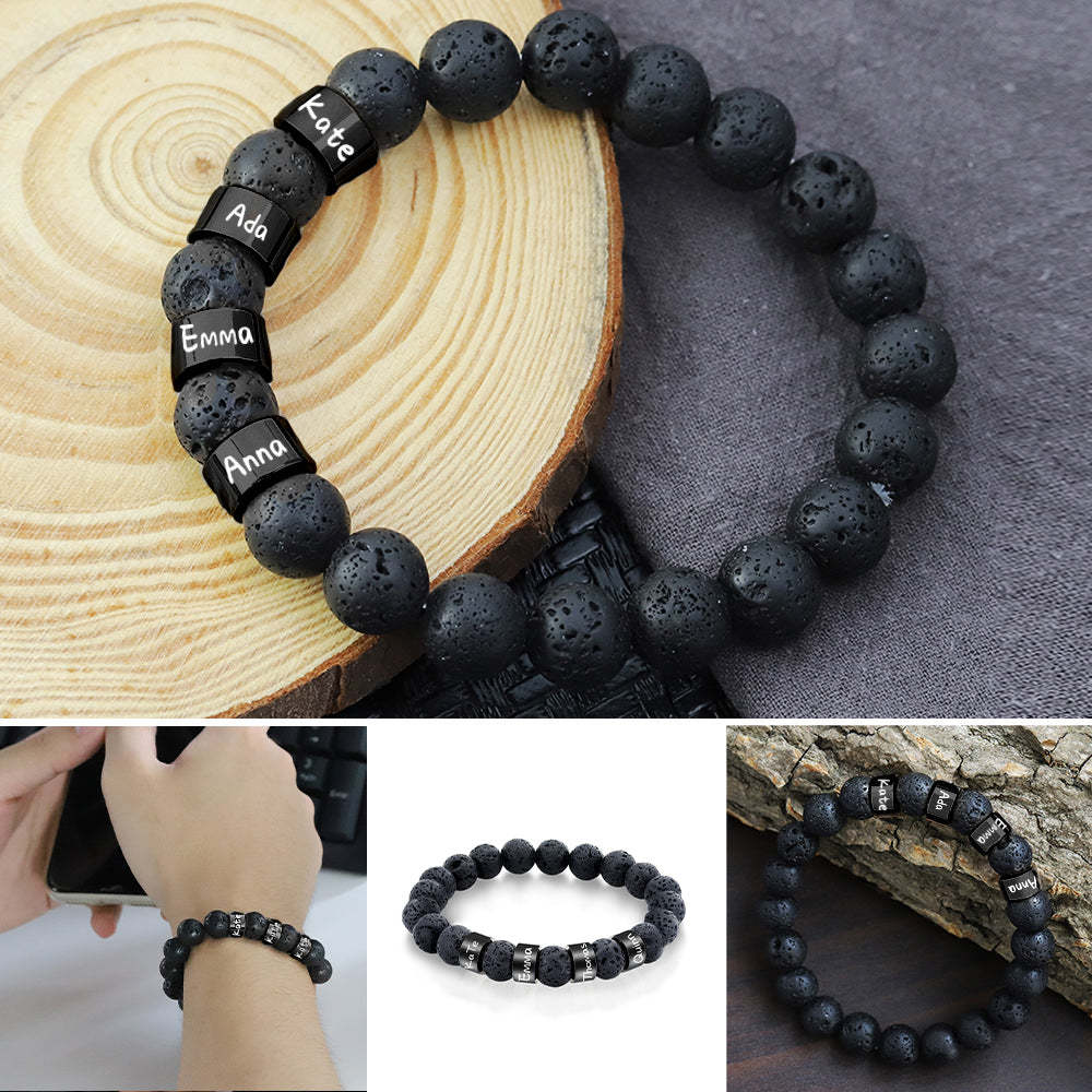 Personalized Name Black Lava Stone Bead Bracelet Gift for Men Husband Father Grandfather - soufeelmy