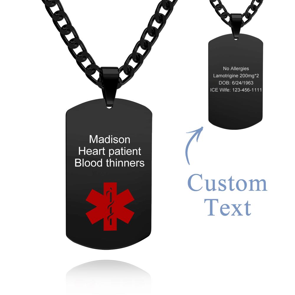 Medical Alert Emergency ID Necklace Men's Tag Necklace with Double Sides Engraving Stainless Steel Personalized Medical Necklace - soufeelmy