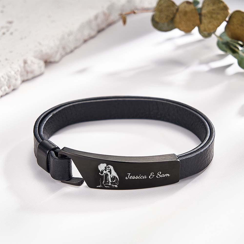 Custom Photo Leather Bracelet With Text Simple Retro Bracelet Gift For Men - soufeelmy