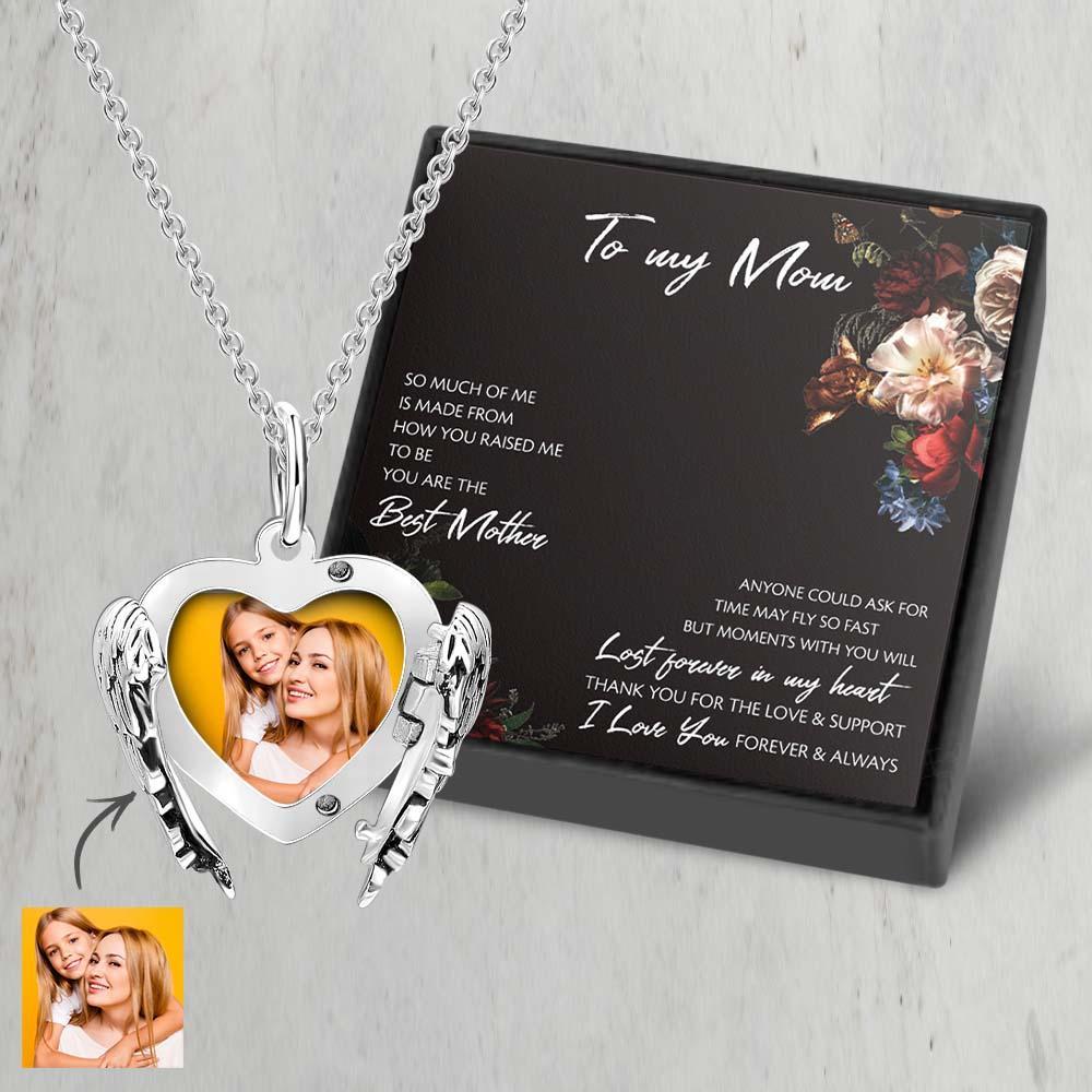 Engravable Photo Locket Necklace Personalized Heart Angel Wings Sterling Silver Gift For Mom - soufeelmy