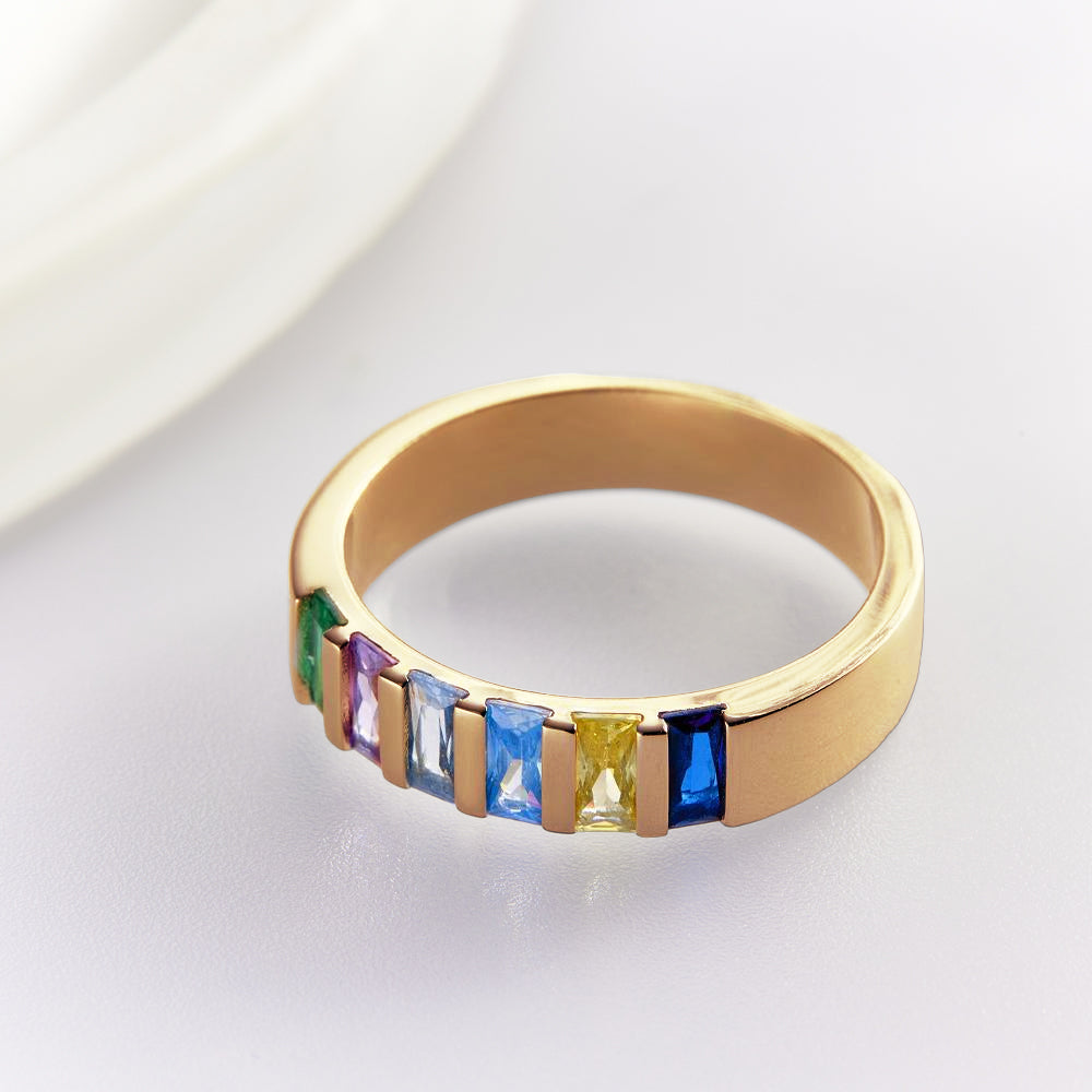 Custom Baguette Birthstone Ring 18k Gold Plated Personalized Family Ring Gift For Her - soufeelmy