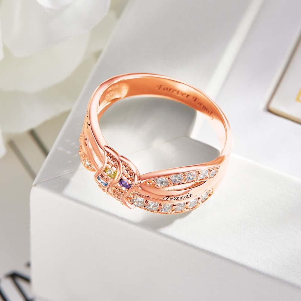Custom Name and Text Birthstone Ring Rose Gold Plated Personalized Family Ring Gift For Her - soufeelmy