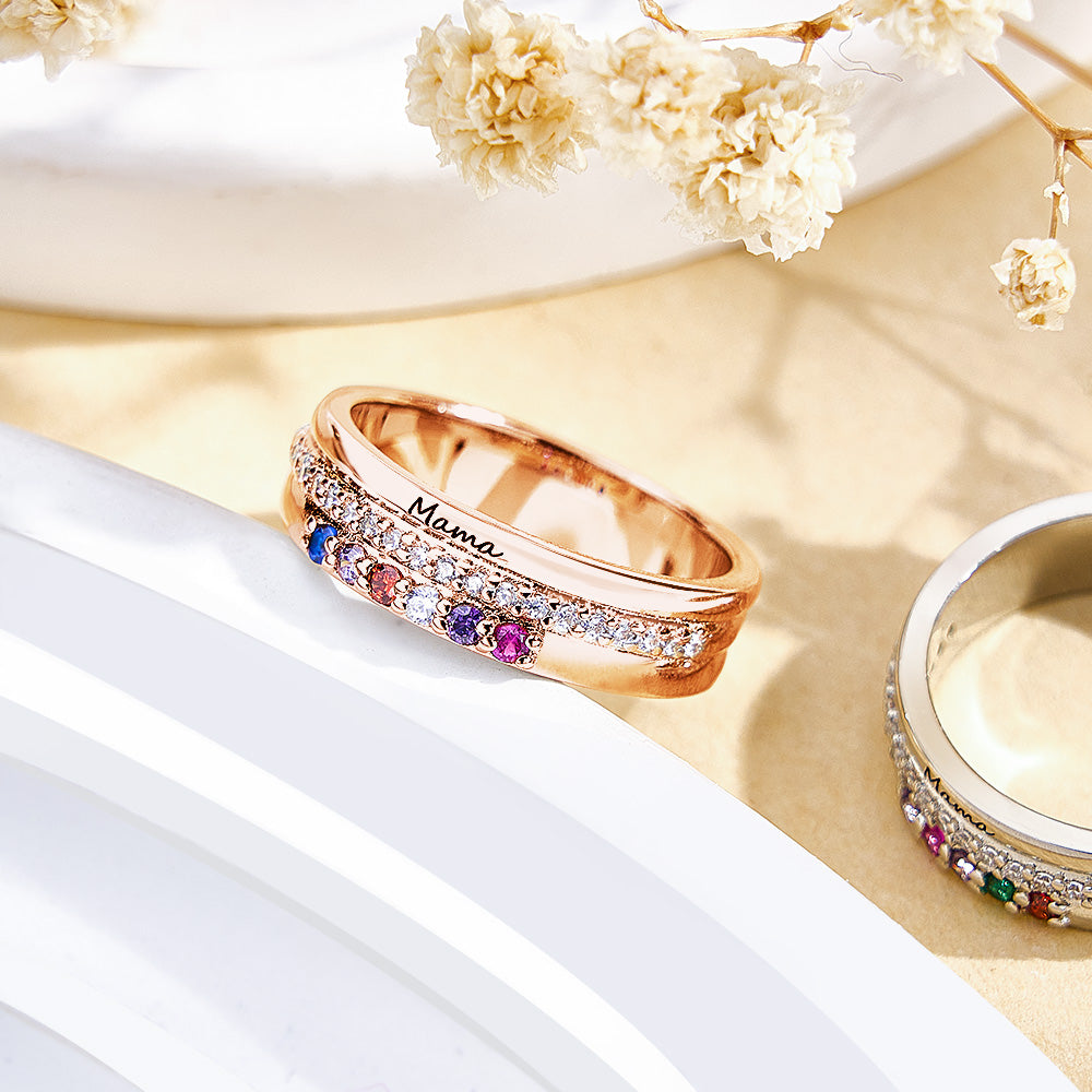 Personalized Birthstones Ring with Engraved Text Ring Jewelry Birthday Gift for Women - soufeelmy