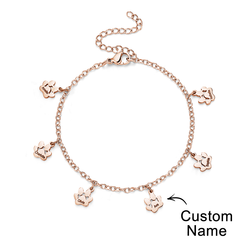 Custom Name Paw Print Bracelets 1-6 Names Dog Paw Bracelets Minimalist Cat Paw Bracelets for Pet Lover - soufeelmy