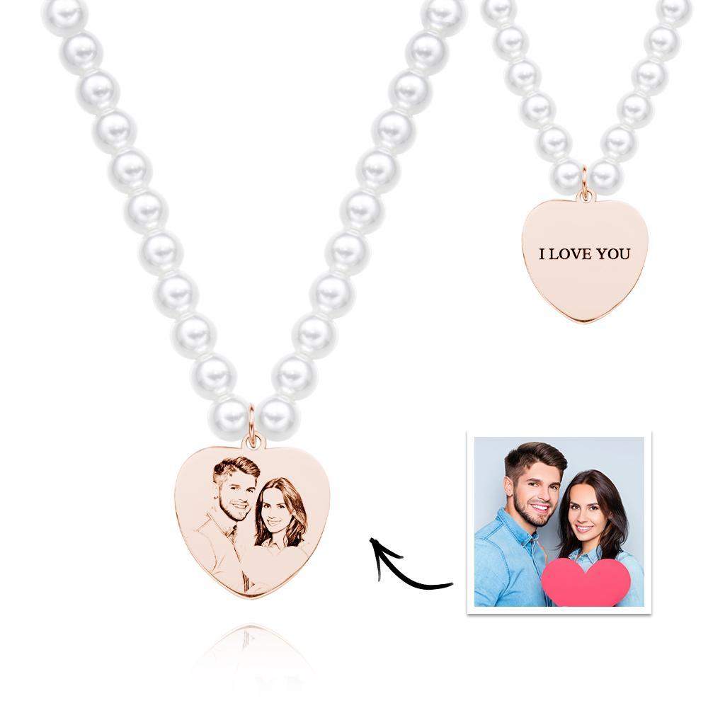 Custom Photo Engraved Necklace Pearl Chain Heart Gift - soufeelmy