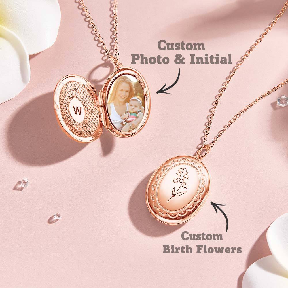 Personalized Birth Flower Locket Necklace with Photo Necklace Jewelry Gift for Her - soufeelmy