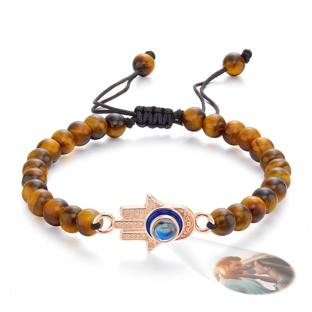 Custom Photo Projection Bracelet Tiger Eye Beaded Hamsa Evil Eye Men's Amulet Bracelet for Him - soufeelmy