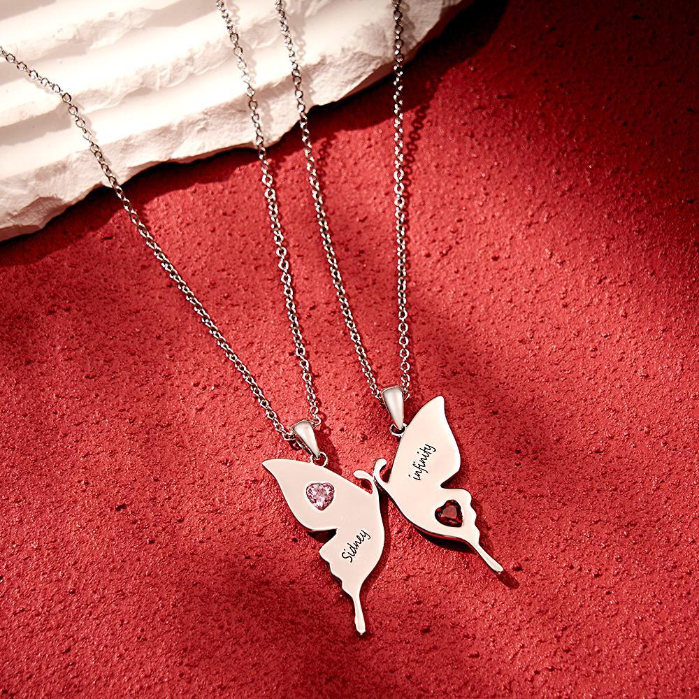 Custom Engraved Butterfly Necklace With Heart Birthstone Double Chains Creative Gifts For Sisters - soufeelmy