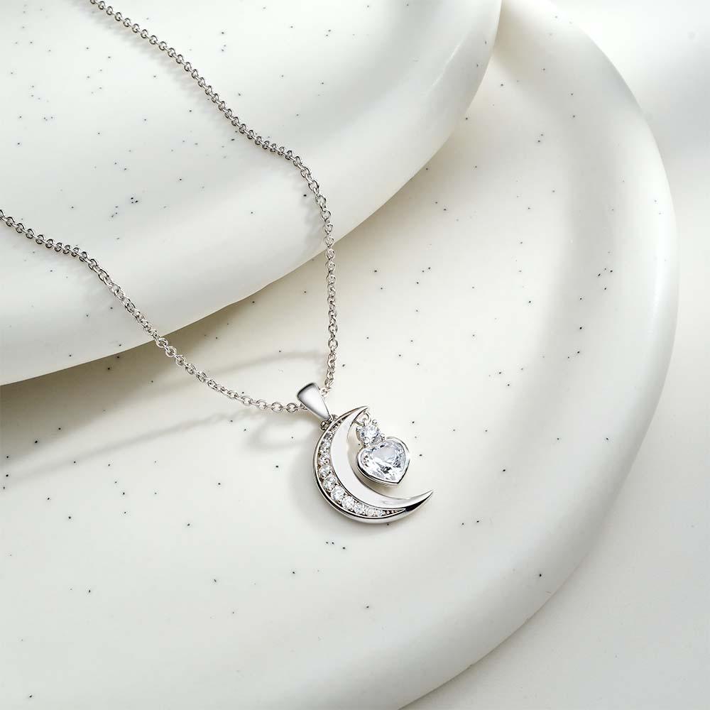Engravable Zircon Moon Necklace With Heart Birthstone Pendant Jewelry Gifts For Her - soufeelmy
