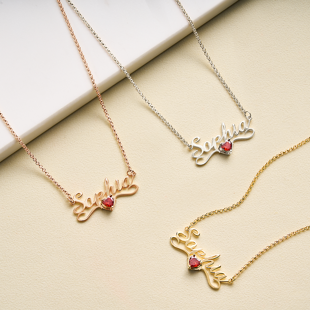 Personalized Name Necklace with Heart Birthstone Birthday Anniversary Gift for Her - soufeelmy